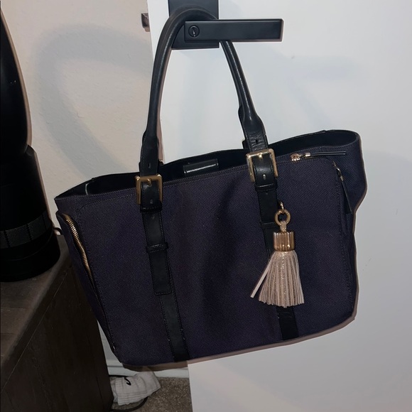 India Hicks Black and Purple Tote Bag with Gold Accents - Picture 1 of 5